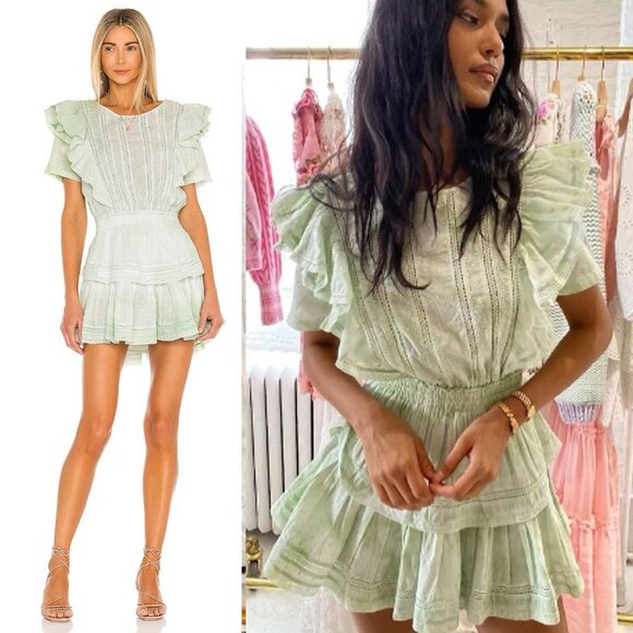 LoveShackFancy Natasha Green Lace Embroidered Tiered Ruffle Mini Dress Size L - Picture 1 of 12